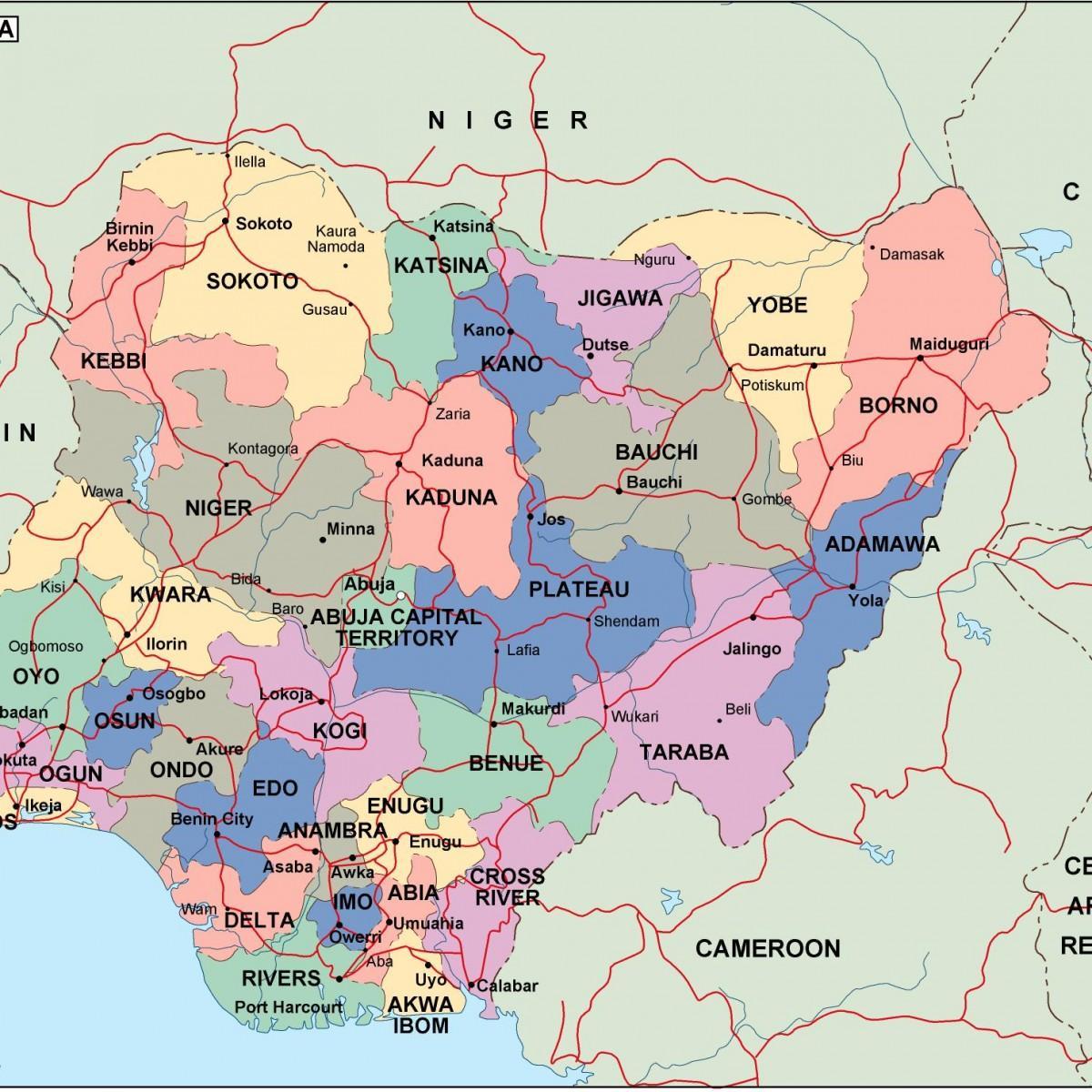 Peta dari nigeria dengan negara-negara dan kota-kota