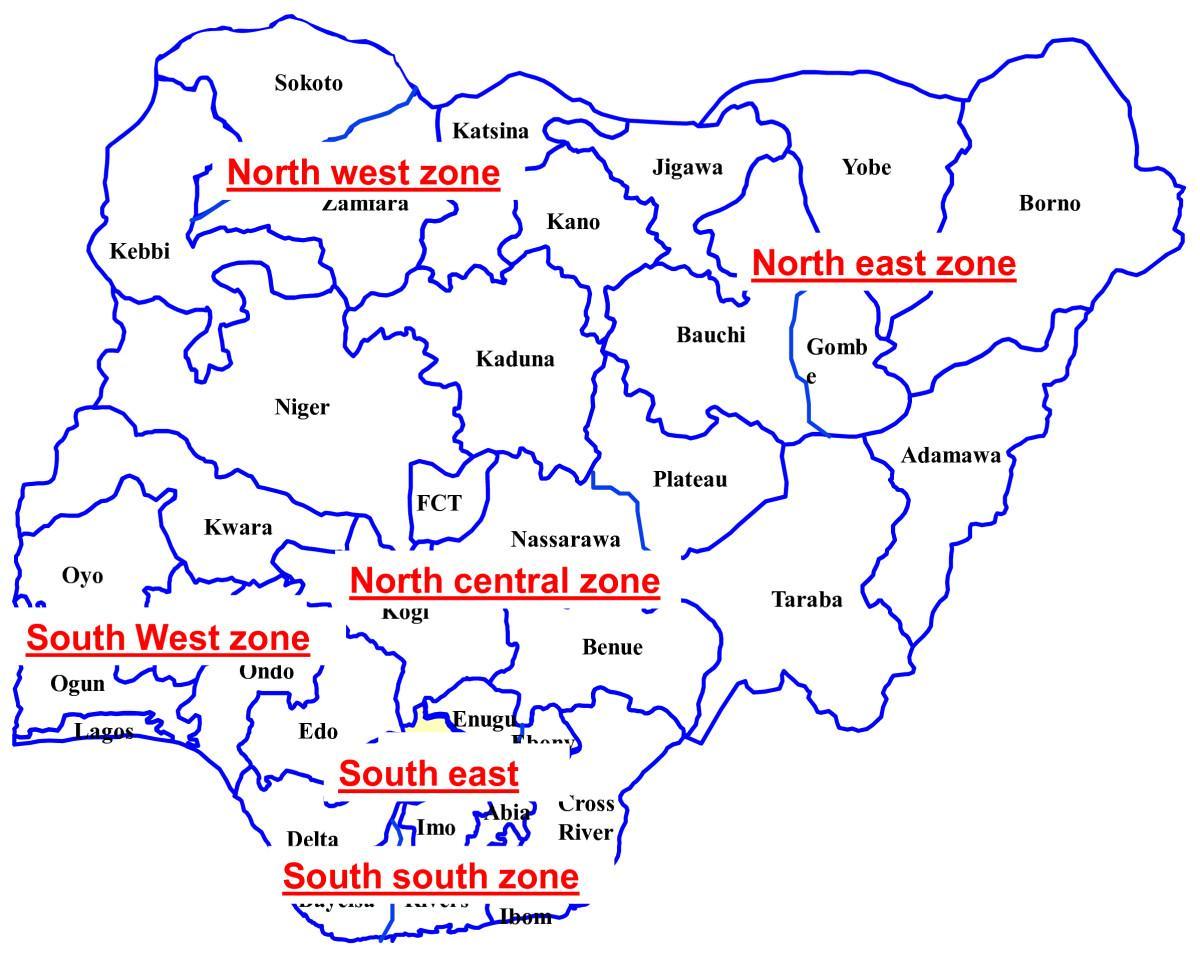 peta dari nigeria menunjukkan enam zona geopolitik