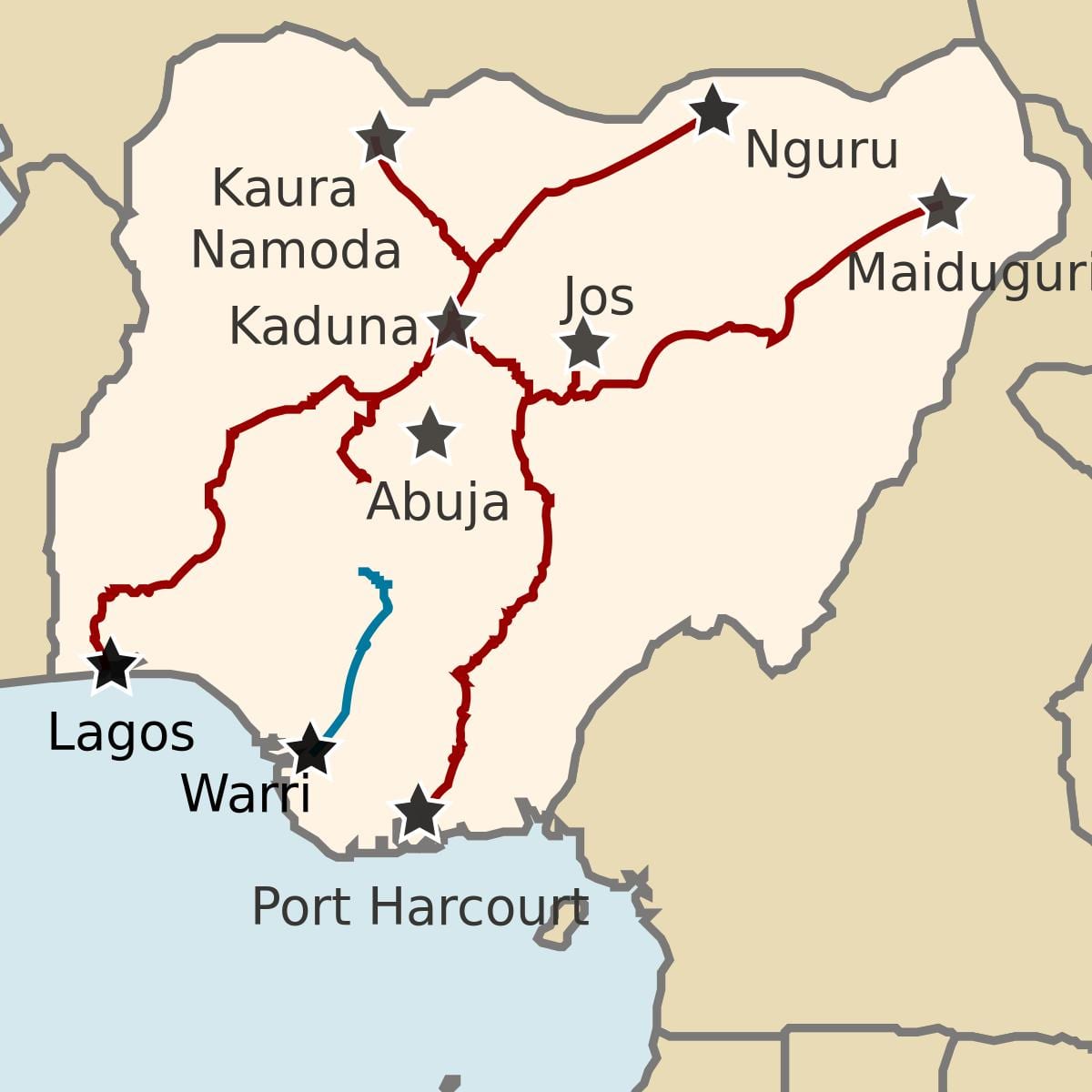 peta dari nigeria menunjukkan jalur kereta api