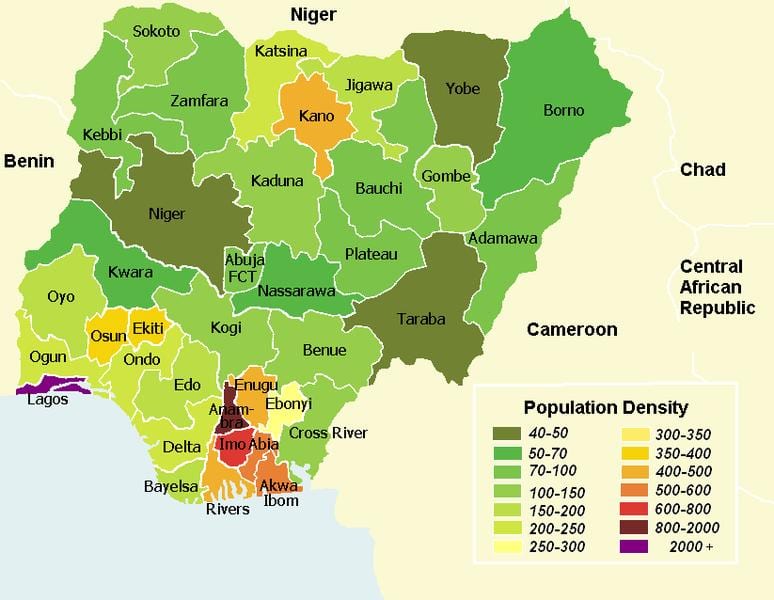 Peta dari nigeria menunjukkan distribusi penduduk