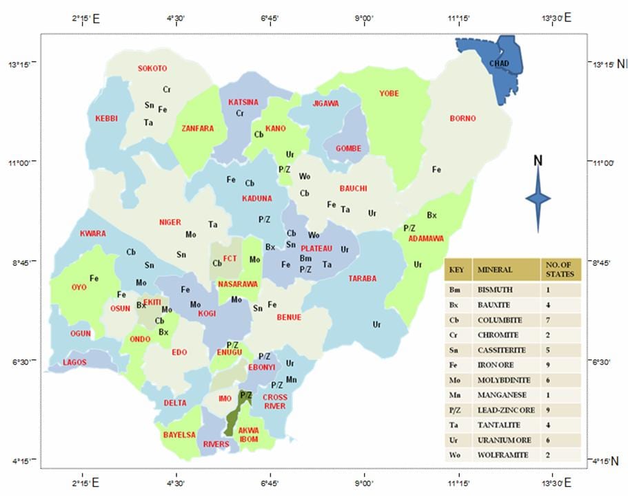 Peta dari nigeria menunjukkan sumber daya mineral