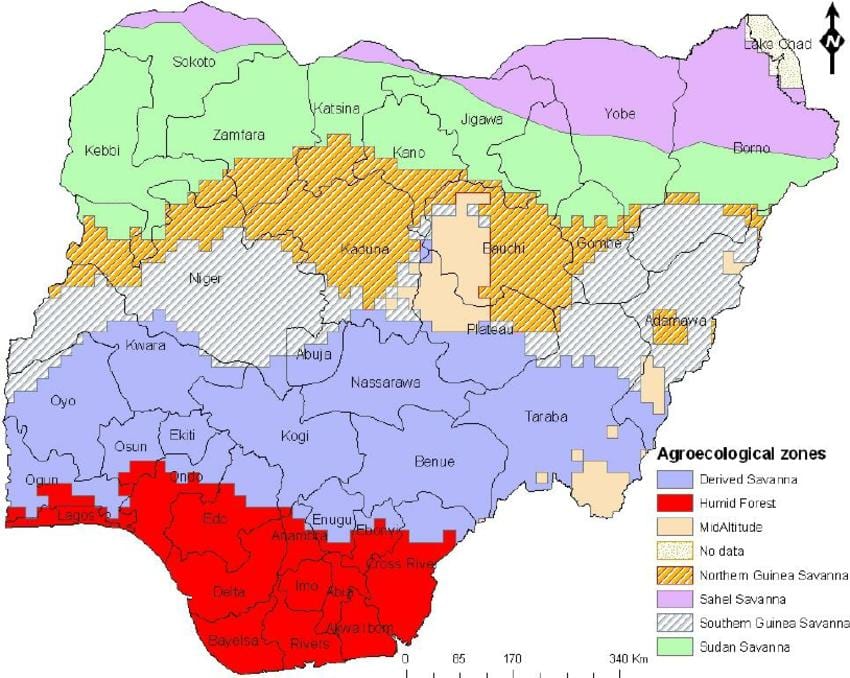 Peta dari nigeria menunjukkan zona ekologi