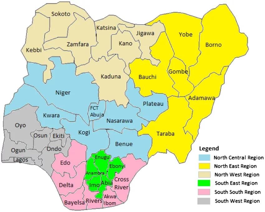 Peta dari nigeria menunjukkan zona geopolitik